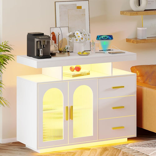 Wireless Charging Buffet Cabinet with RGB LED Light & 3 Drawer Storage
