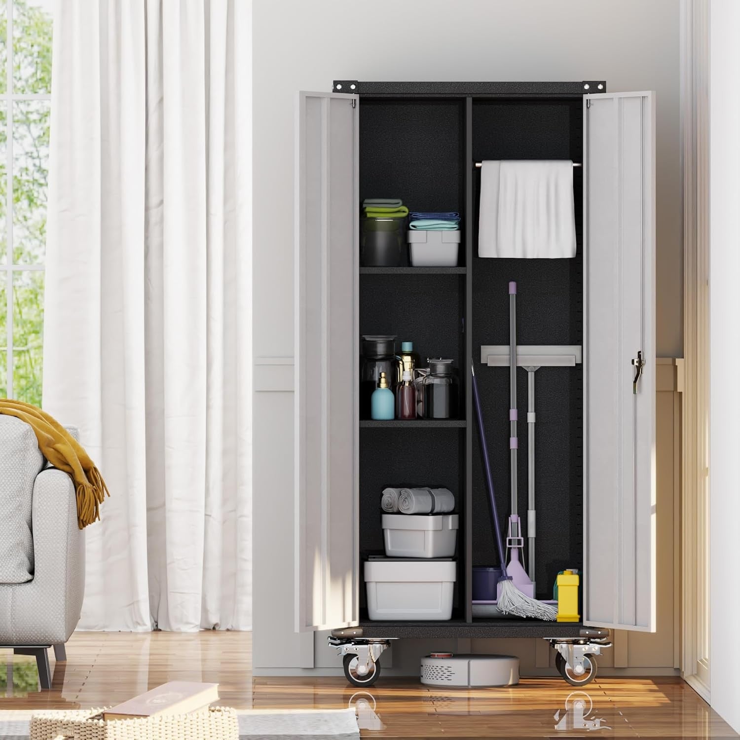 Tall Metal Storage Cabinet 180cm Lockable Doors Shelves Wheels Broom Closet