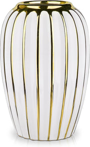 White Gold Ribbed Ceramic Vase Luxury Floral Table Home Décor 9.8 Inch