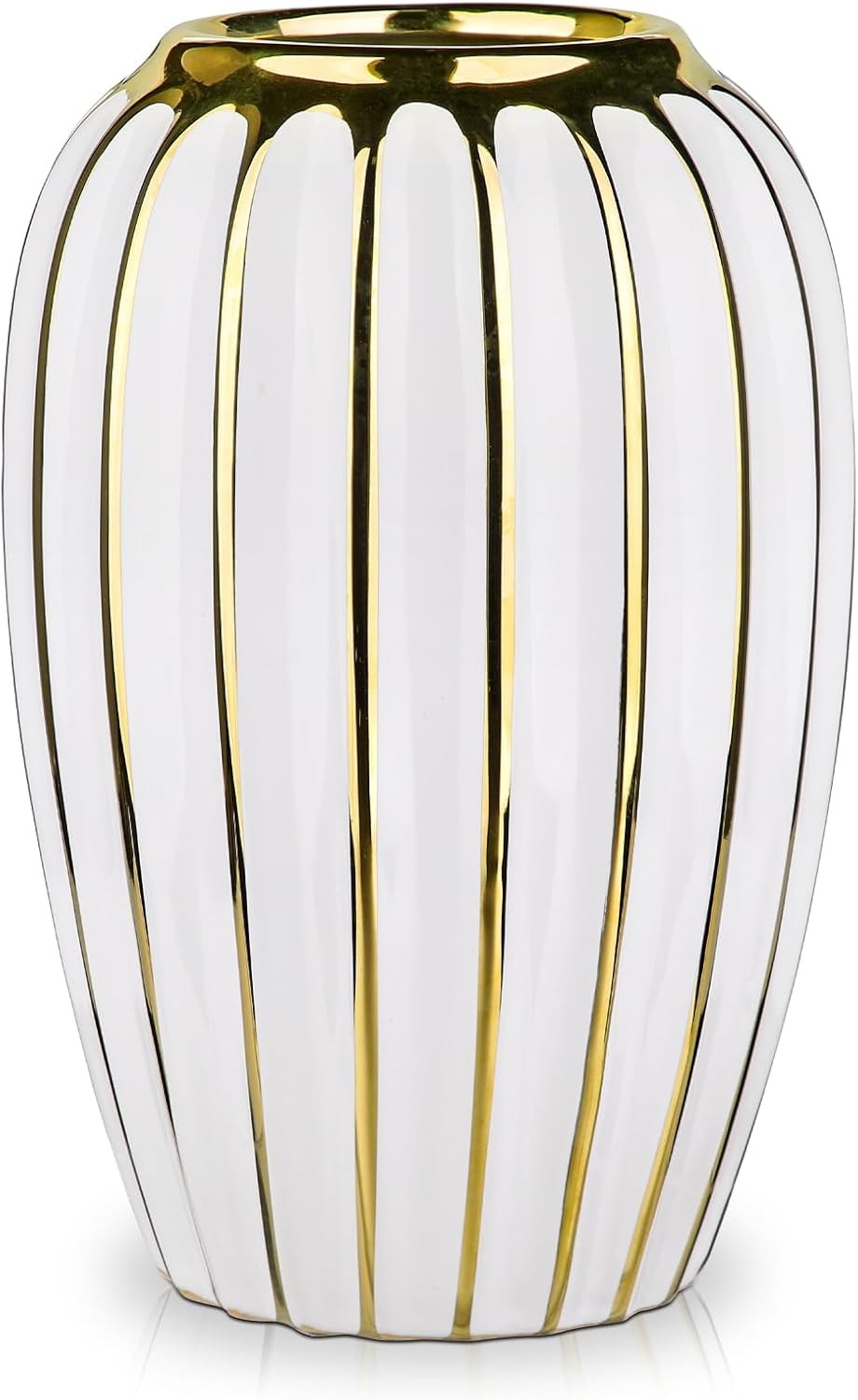 White Gold Ribbed Ceramic Vase Luxury Floral Table Home Décor 9.8 Inch