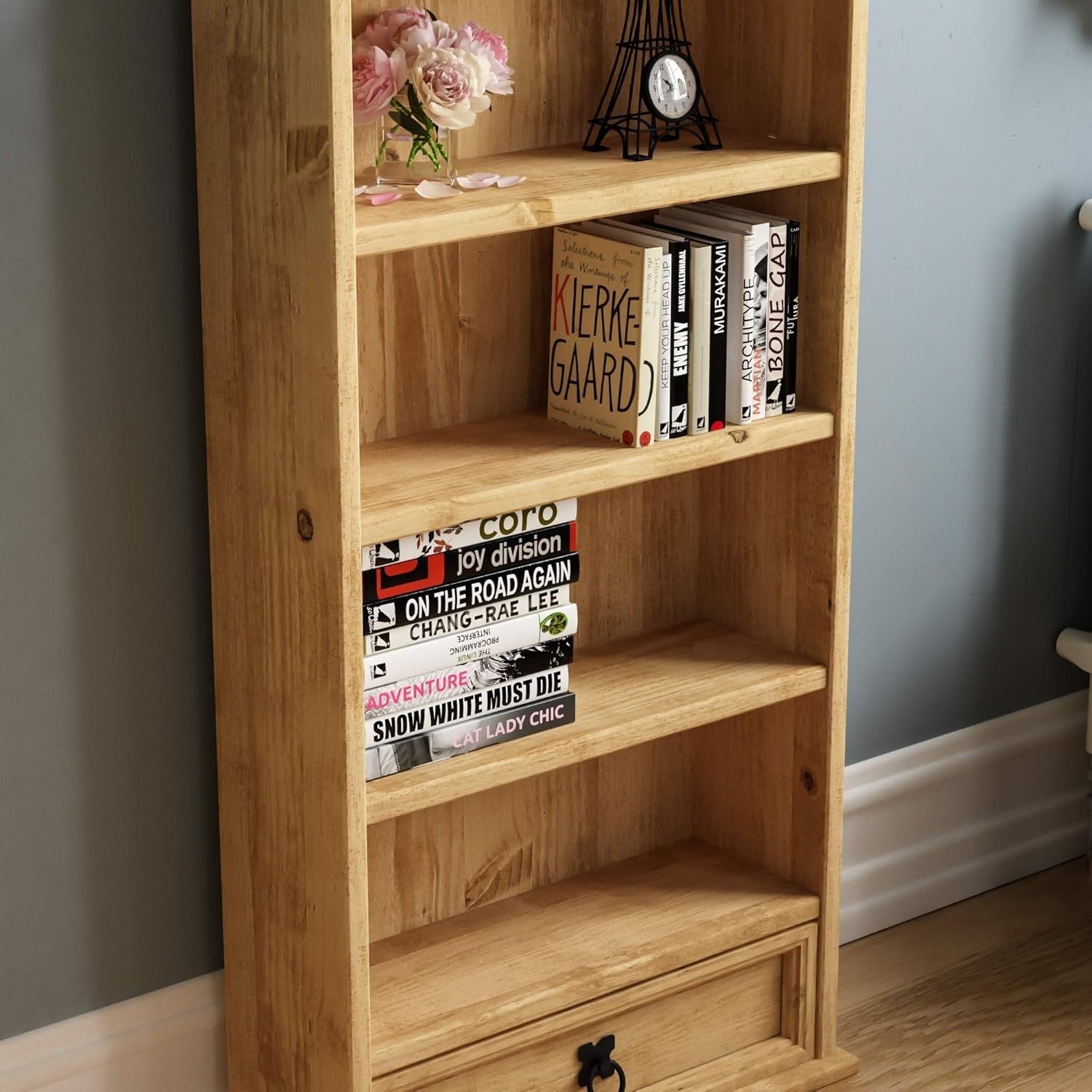 Solid Pine Wood Bookcase with Drawer Rustic CD DVD Storage Shelf Corona
