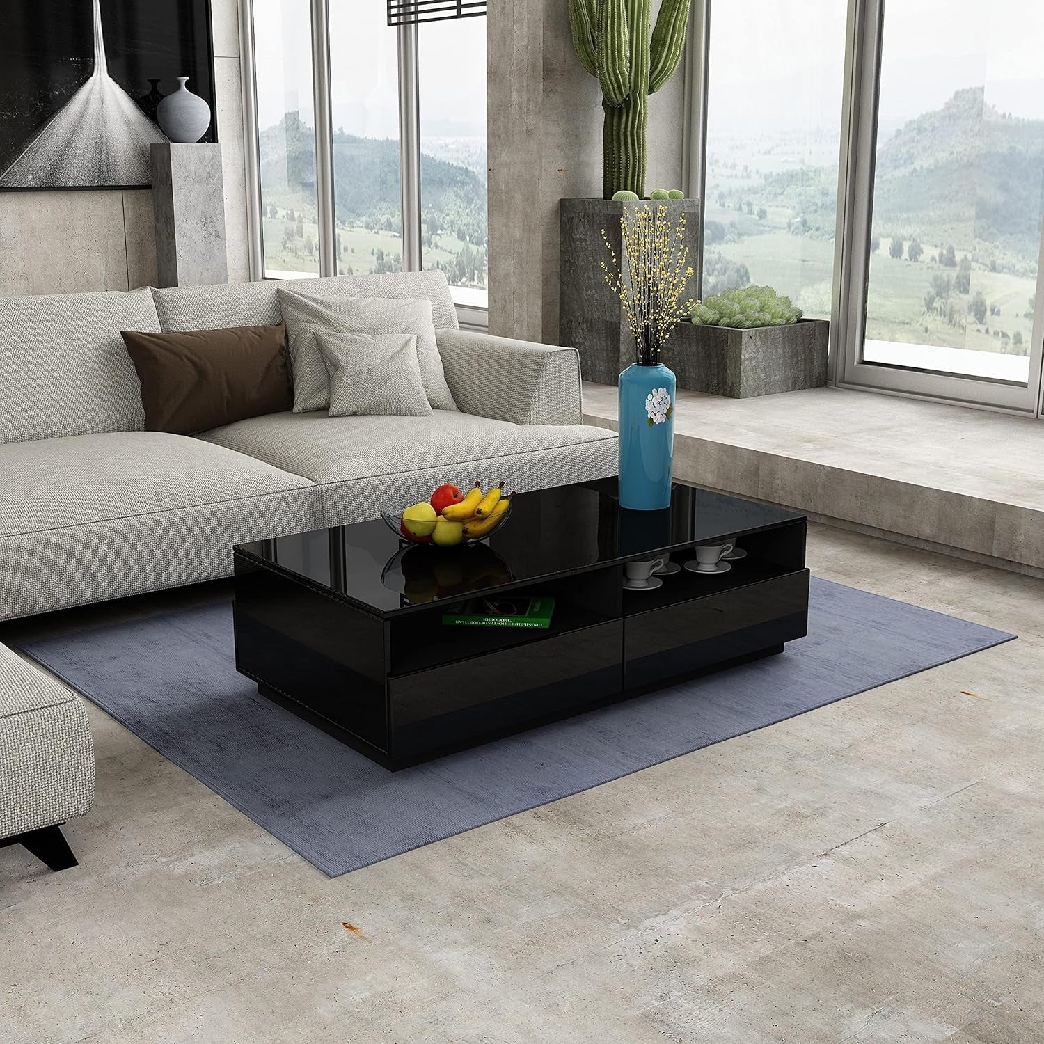Black Gloss Coffee Table with 4 Drawers Storage Modern 85x55x35cm