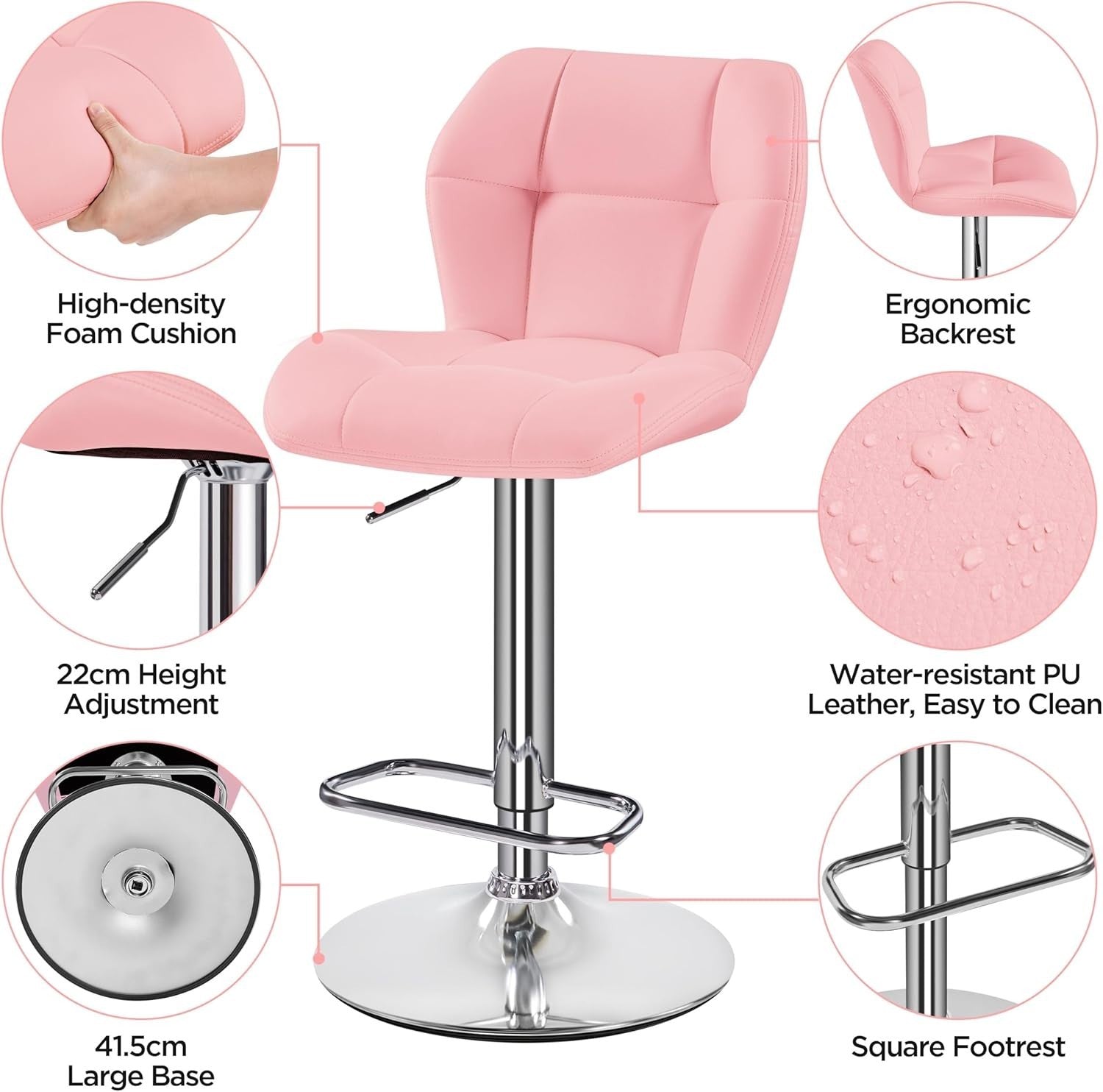Adjustable Pink PU Leather Bar Stools Set of 2 – Swivel Counter Chairs