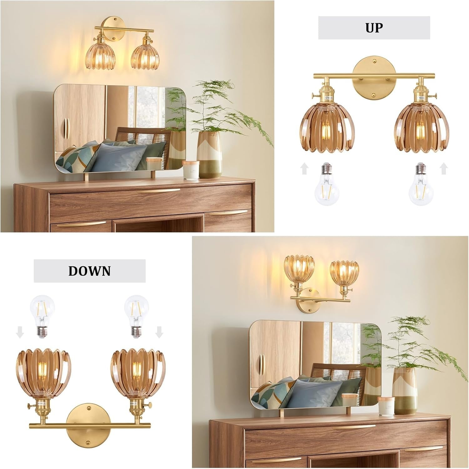 2-Light Amber Glass Wall Sconce Vanity Light Vintage Brass Fixture