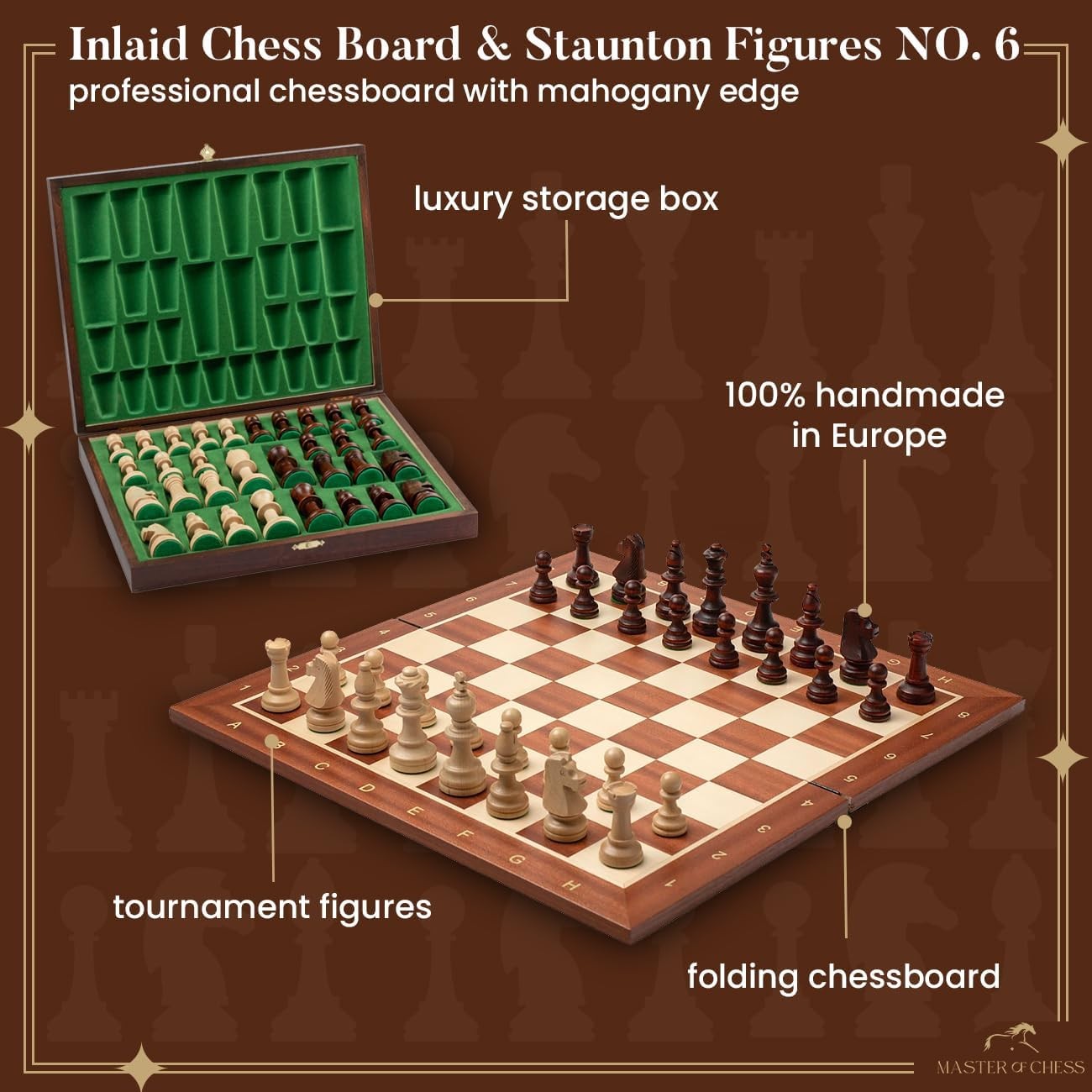 54cm Inlaid Wooden Chess Set with Weighted Staunton Pieces & Storage Box