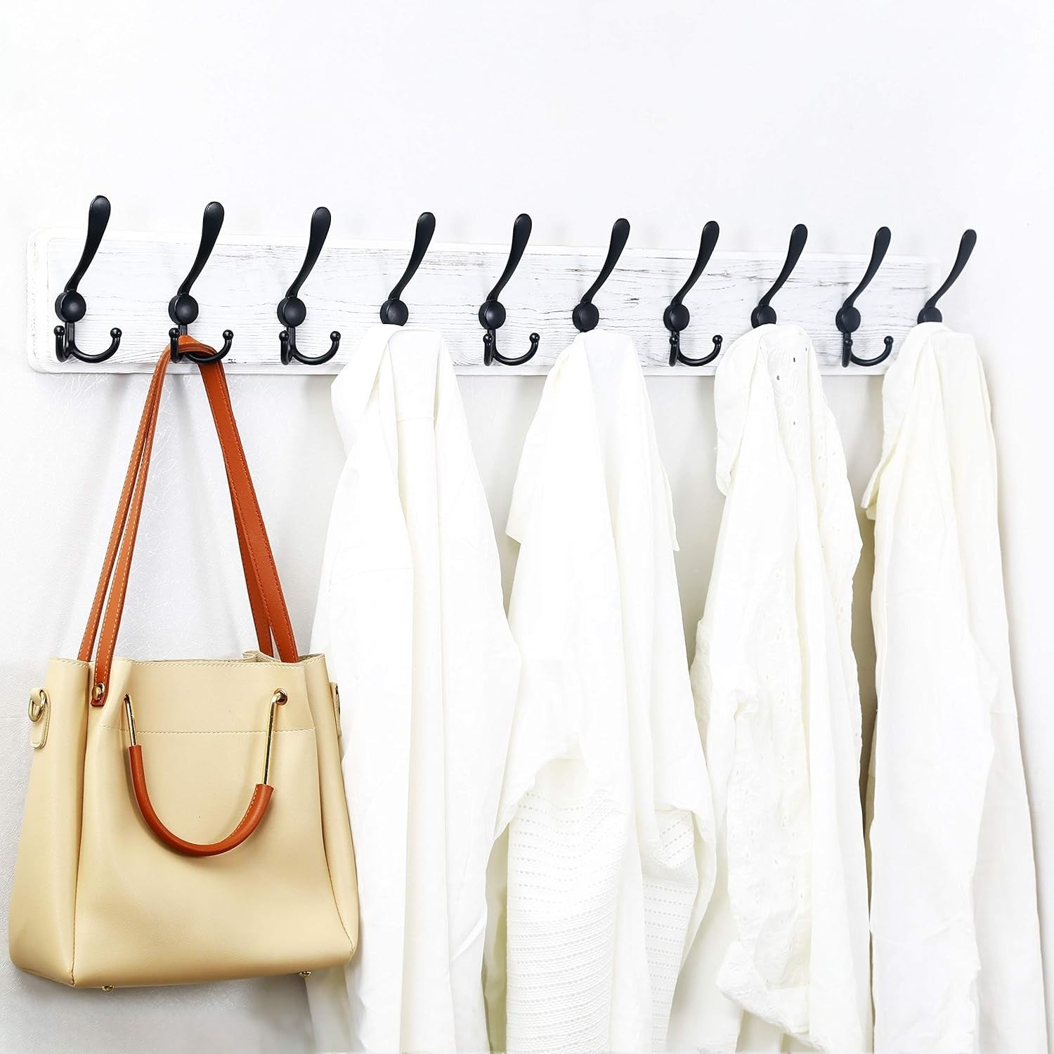 Wall Mounted Coat Rack 98cm | Rustic White Wood Hanger with 10 Hooks