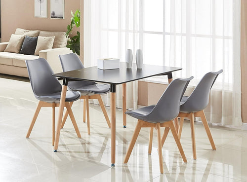 Rectangular Dining Table Set 4 Chairs PU Cushioned Seats Solid Wood Legs