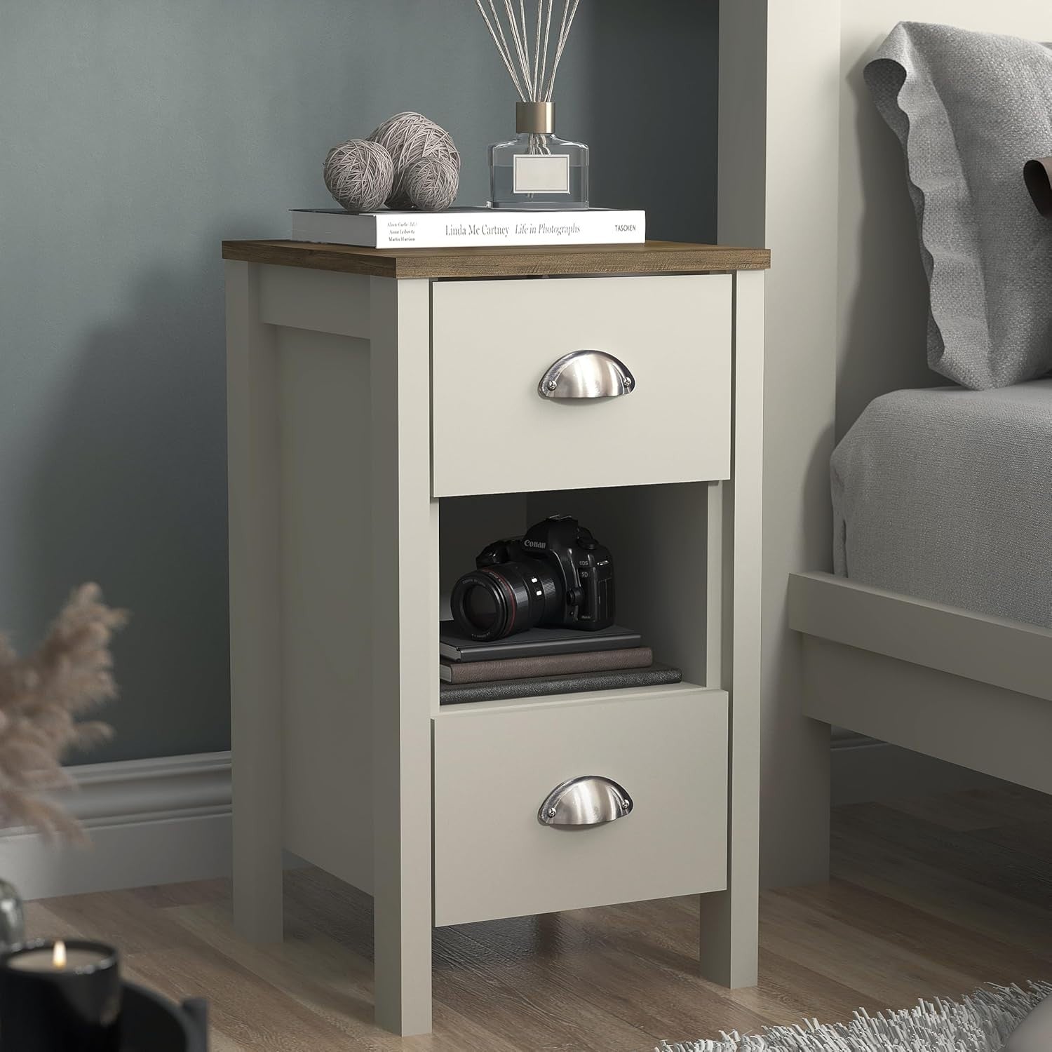 2x Light Grey Oak Bedside Tables with Drawers – Modern Compact Nightstands