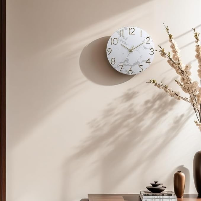 Modern 12 Inch Gold Wall Clock Silent Non-Ticking Luxury Marble Effect Decor