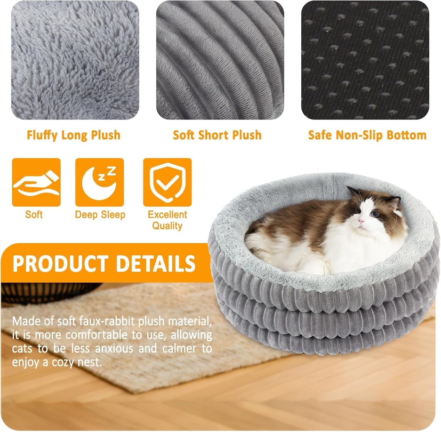 Fluffy Donut Cat Bed Round Calming Pet Bed Washable 50.8cm Non Slip