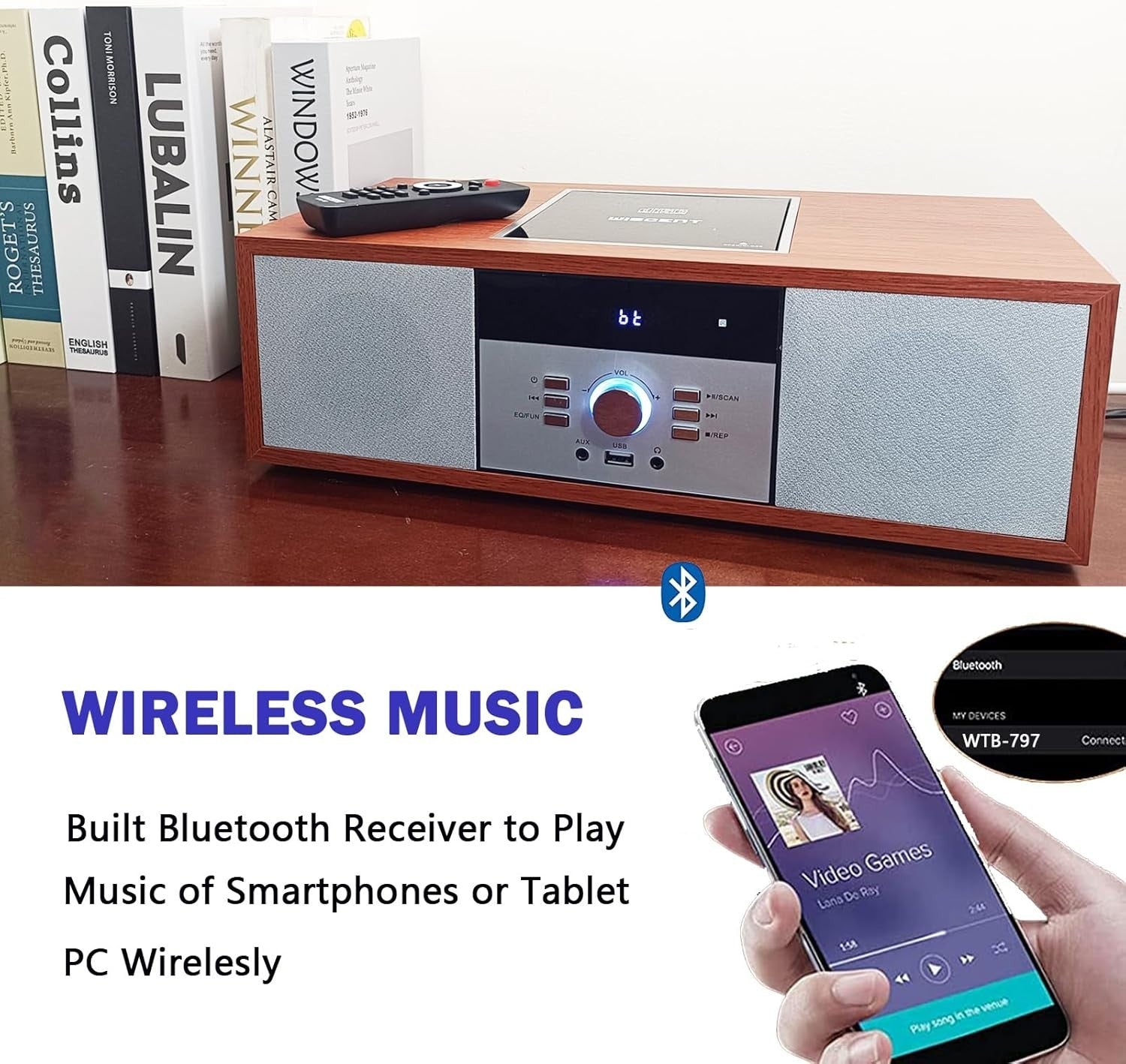 Compact Bluetooth CD Stereo System 30W Wooden HiFi USB AUX FM Radio Remote