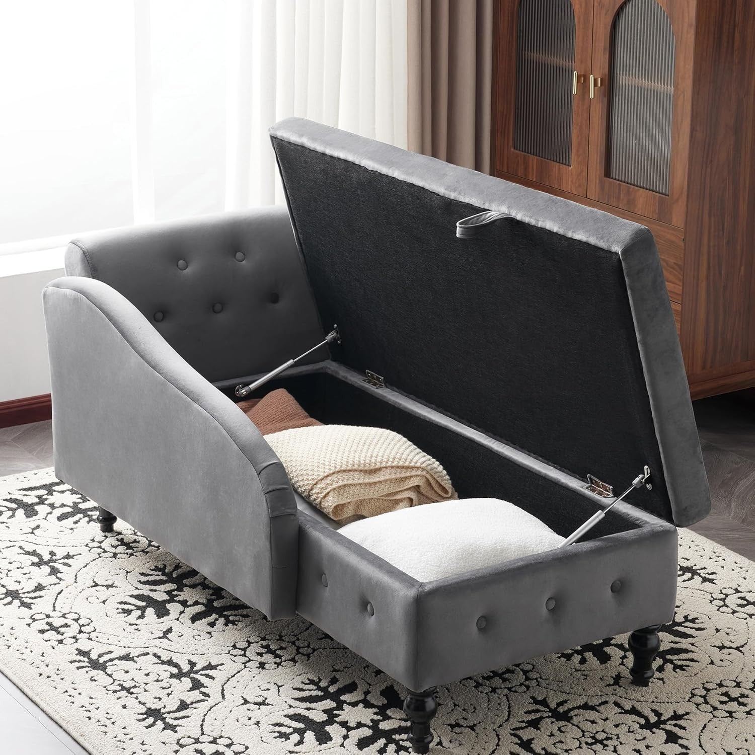 Velvet Chaise Lounge Sofa w/Storage & Pillow Right Armrest Grey Tufted