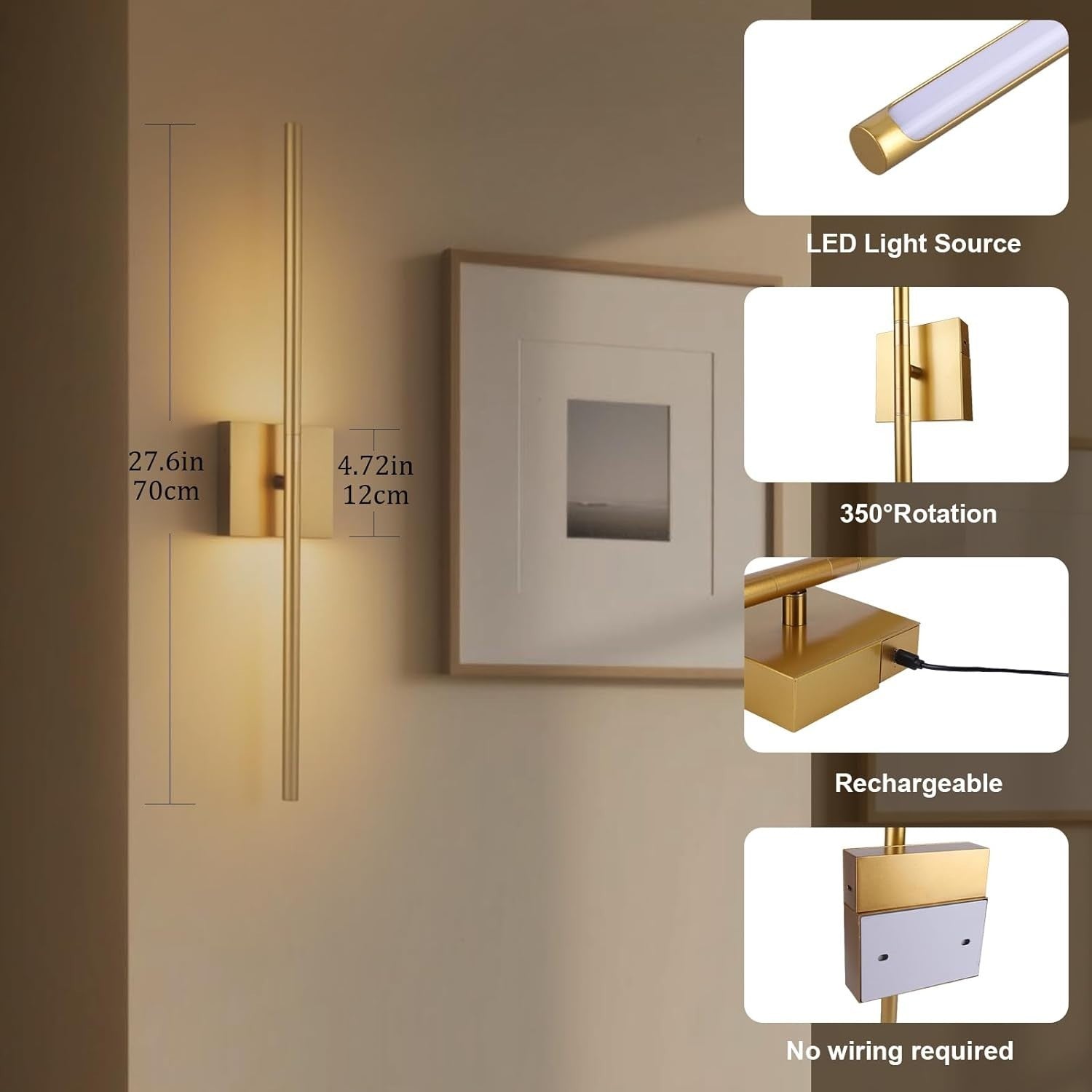 Wireless Dimmable Wall Lights with Remote - Rechargeable Battery LED 70cm