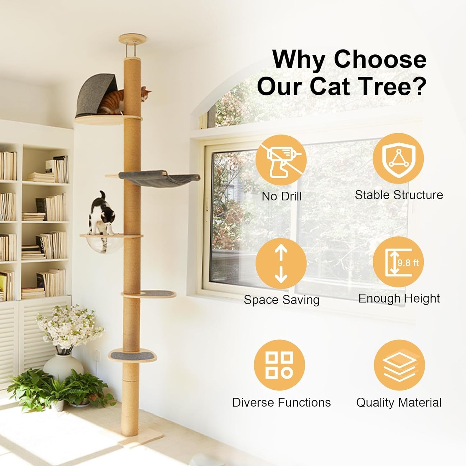 Floor to Ceiling Cat Tree Tower 6 Level Adjustable Scratching Post Capsule Bed