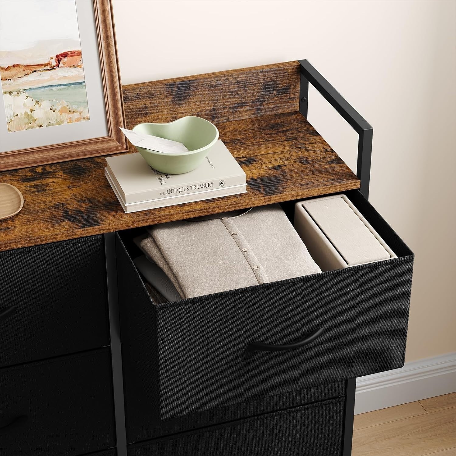 8 Drawer Fabric Chest with USB Ports Power Strip Rustic Black Storage Unit