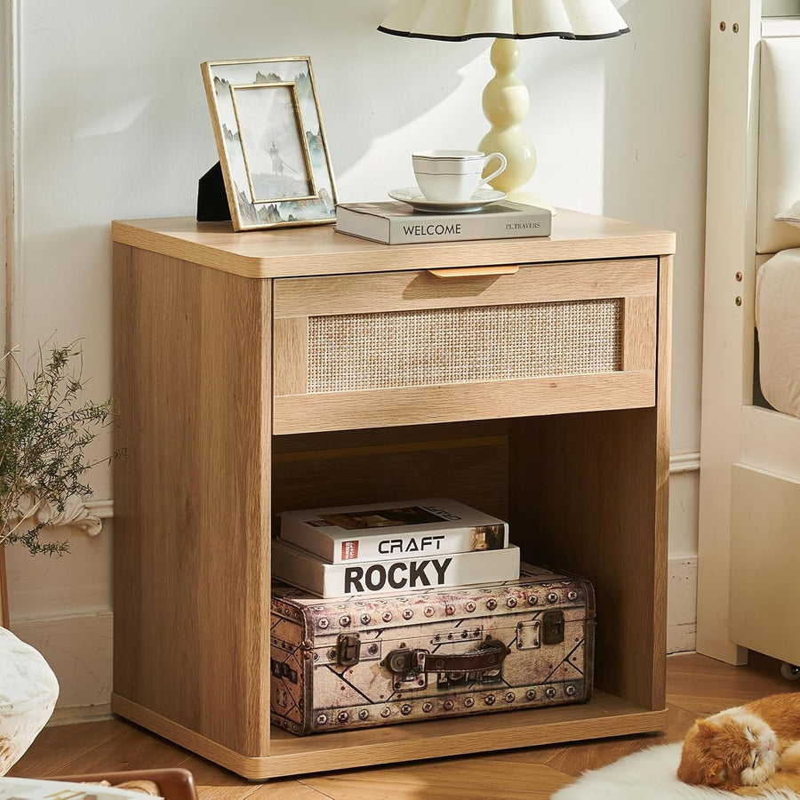 Natural Rattan Bedside Table Nightstand with Drawer Boho Wood Side Table
