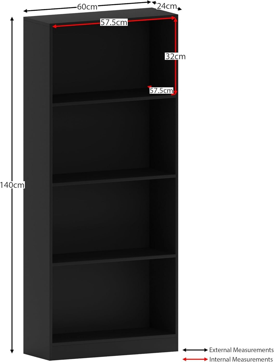 4 Tier Black Wooden Bookcase Modern Storage Display Shelf for Living Room
