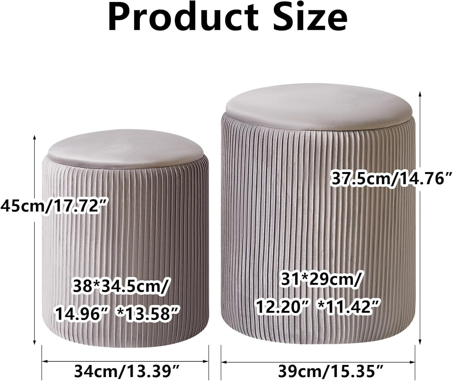 Set of 2 Round Storage Ottomans – Velvet Pouffe Stool Set for Bedroom & Living