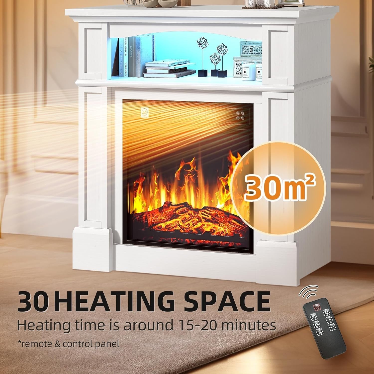 18" Freestanding Electric Fireplace Heater LED Flame 16-Color Light Timer