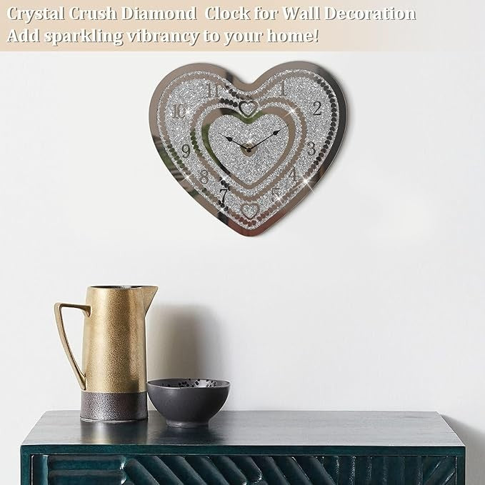 Heart Shape Crushed Diamond Mirror Wall Clock Silver Crystal Sparkle 35×40cm