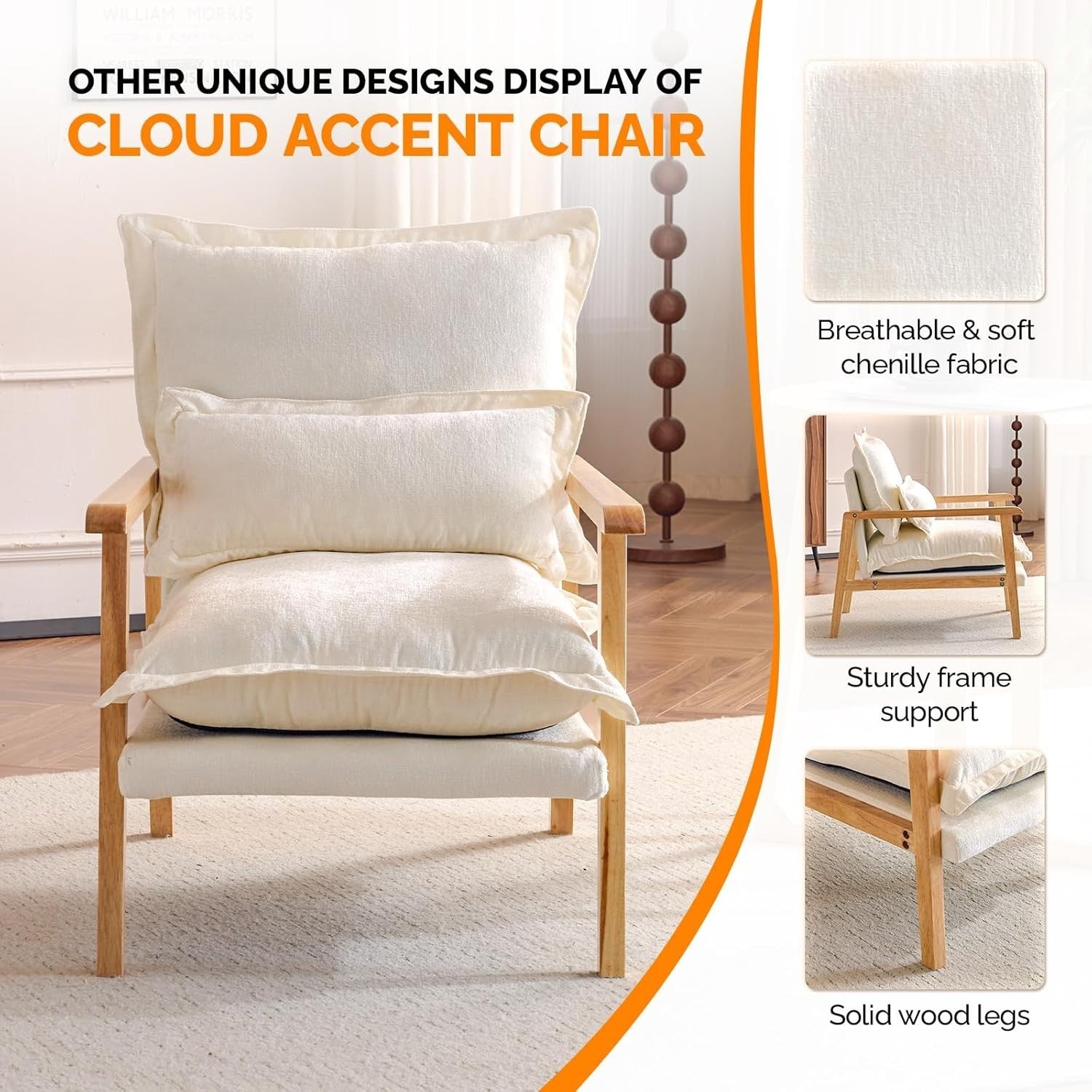 Cozy Mid-Century Modern Wooden Armchair with Lumbar Pillow & Thick Cushion