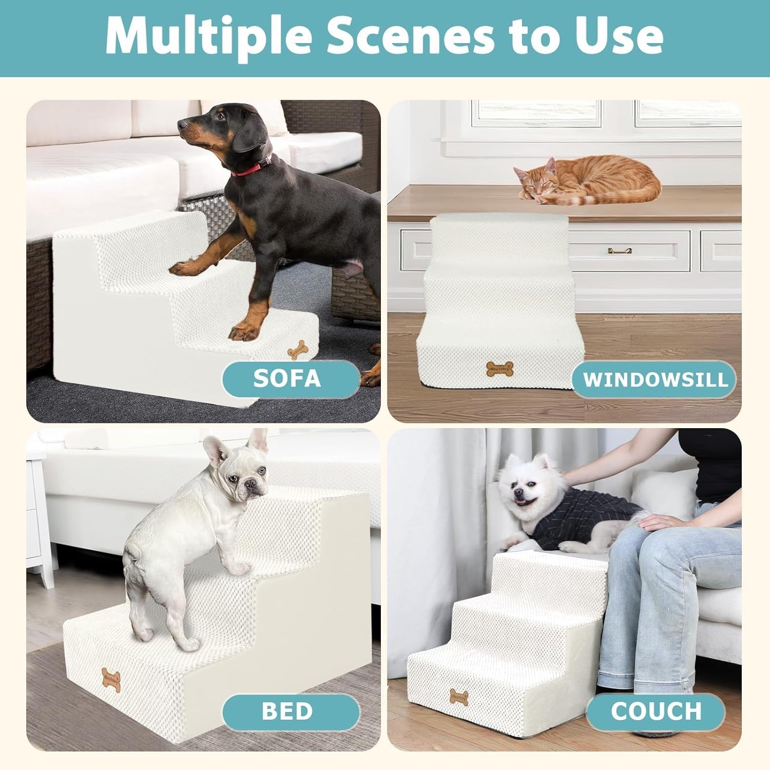 3-Step Dog Stairs Non-Slip Pet Ramp for Small Dogs Cats Beige