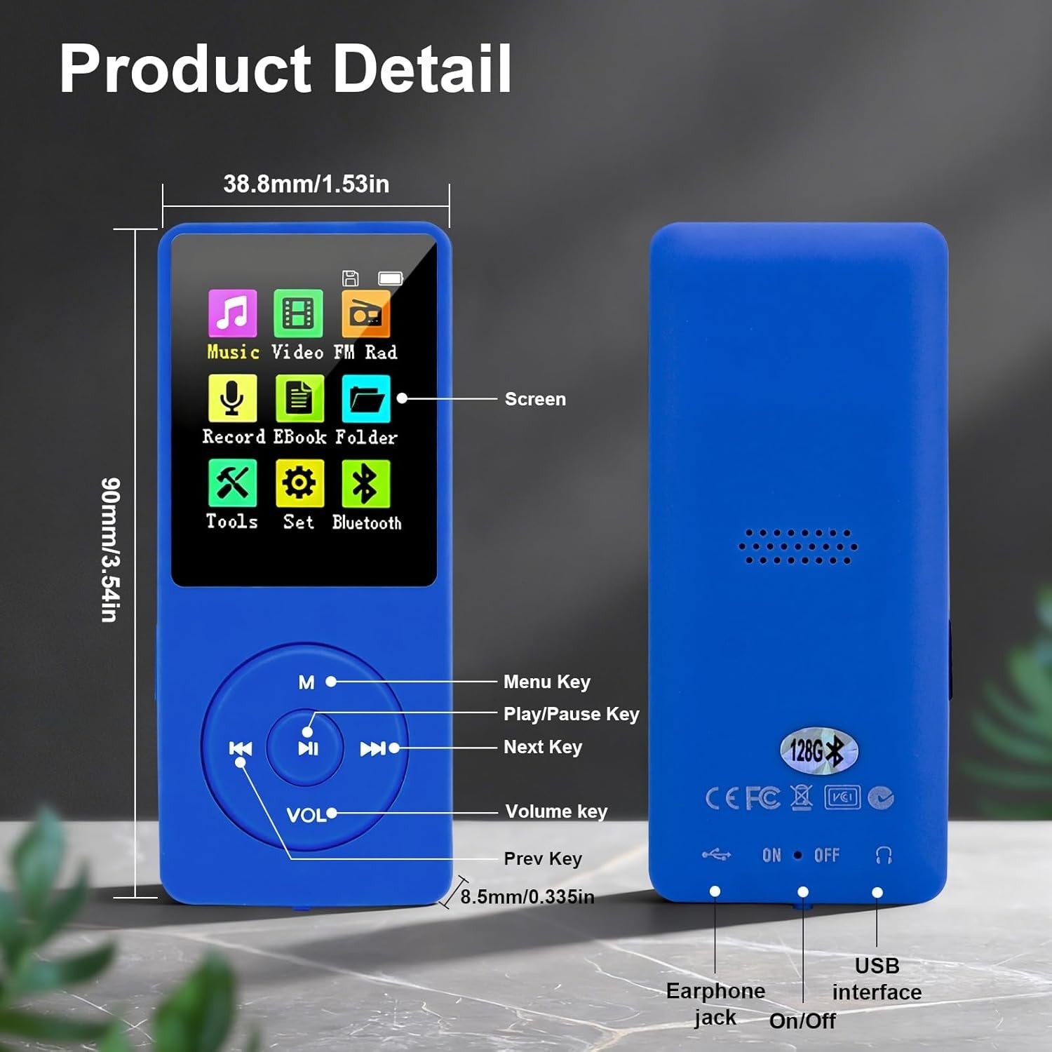 128GB MP3 Player Bluetooth 5.0 FM Radio Speaker E-Book