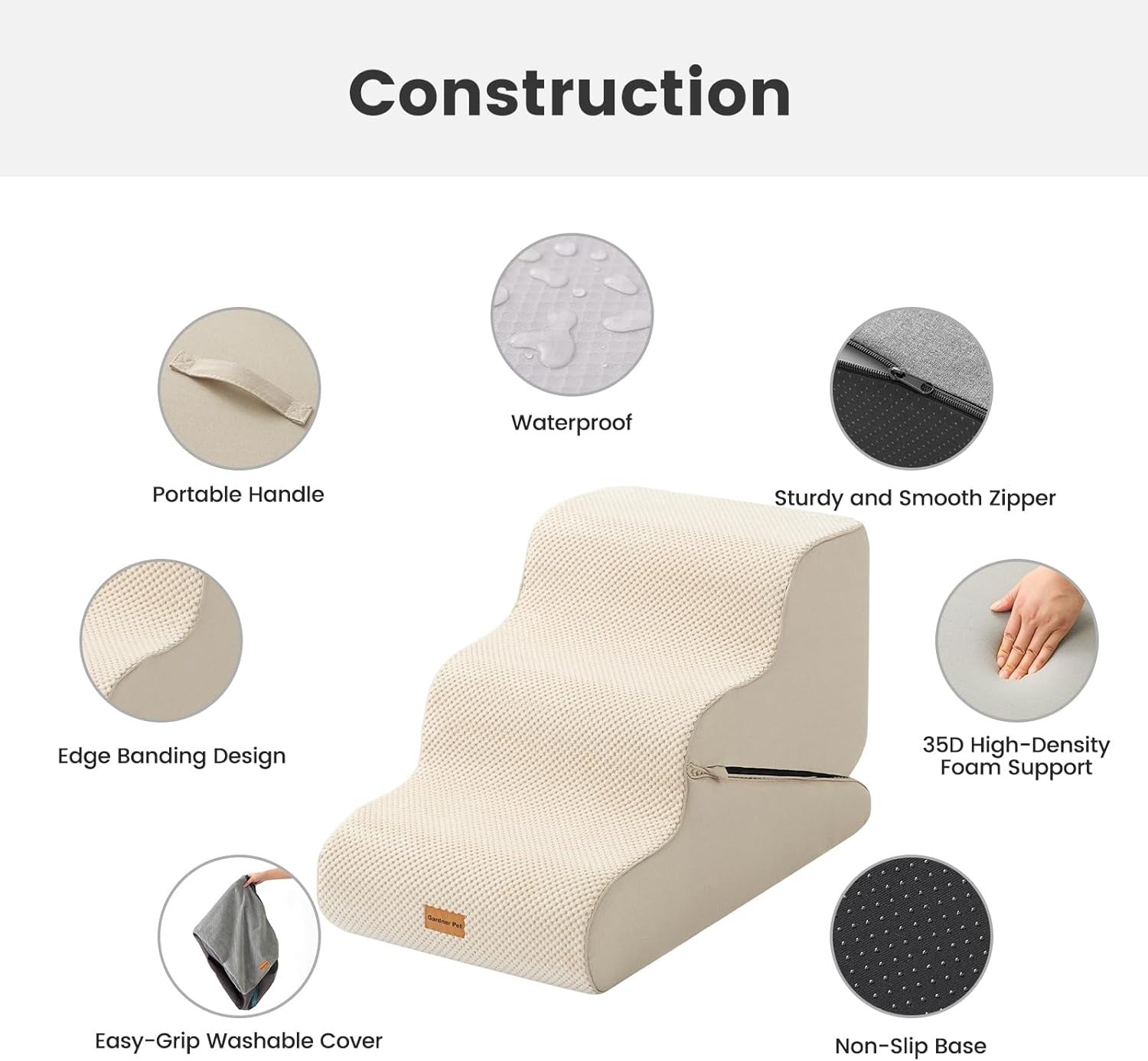 Adjustable 3 Step Dog Stairs Pet Ramp Non Slip Washable Beige