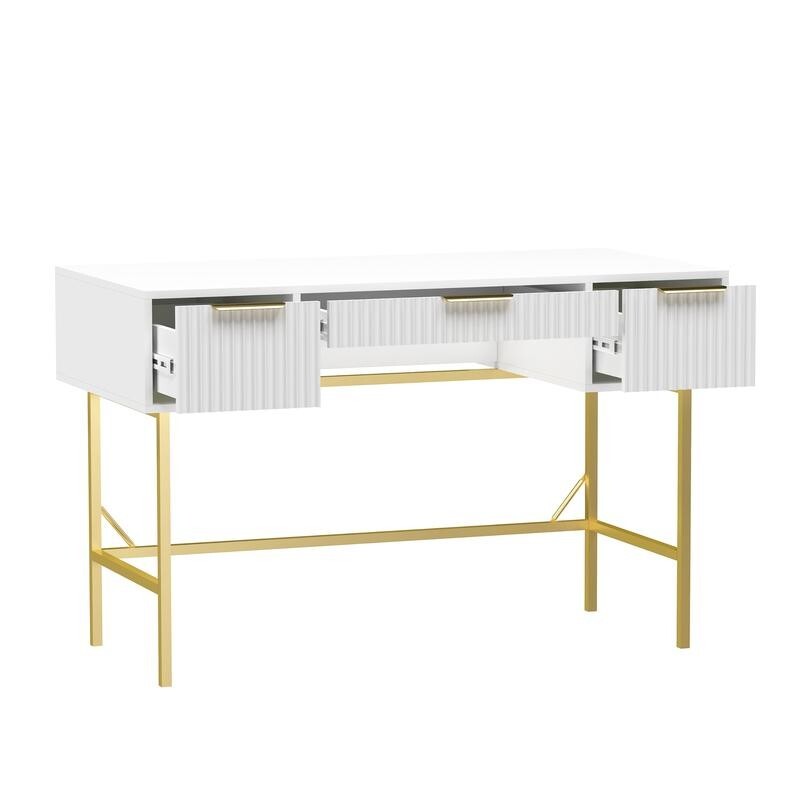 Modern White Console Table Desk with 3 Drawers & Gold Legs