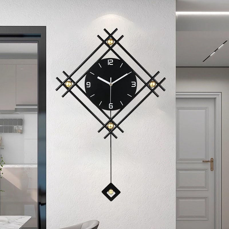 Modern Black Minimalist Pendulum Wall Clock – Silent Large Metal Decor 66×47cm