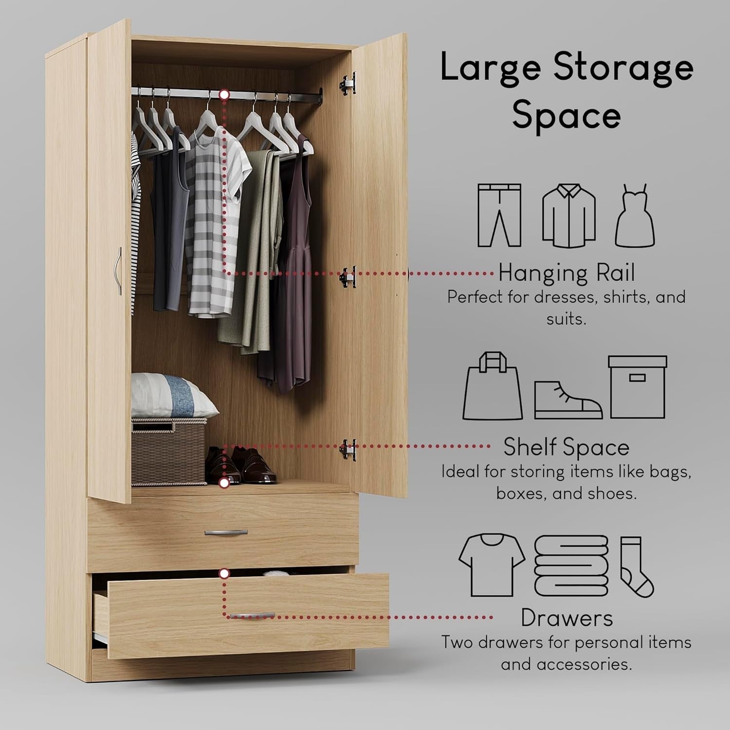 2 Door Wardrobe with Drawers & Rail, Pine Bedroom Storage Unit Tall