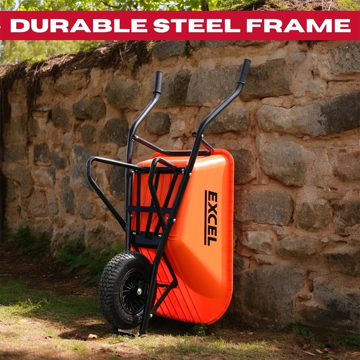 100L Orange Wheelbarrow – HDPE Tub w/ Reinforced Steel Frame & Air Tyre 150kg