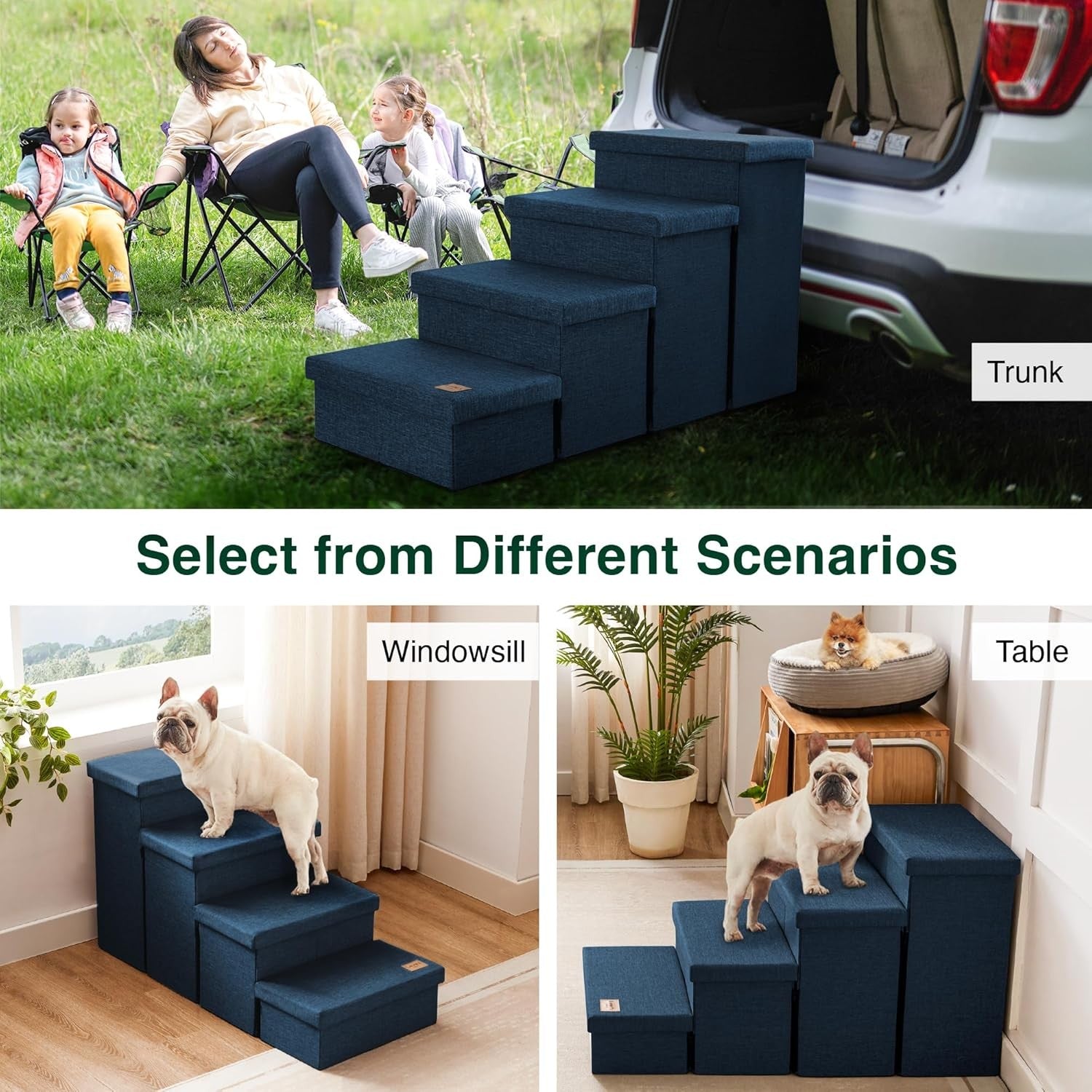 Dog Stairs 4 Step with Storage Foldable Pet Steps Navy Blue 200lb