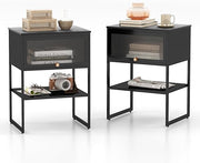 Modern Black Bedside Tables Set of 2 with Flip-Up Door & Storage Shelves