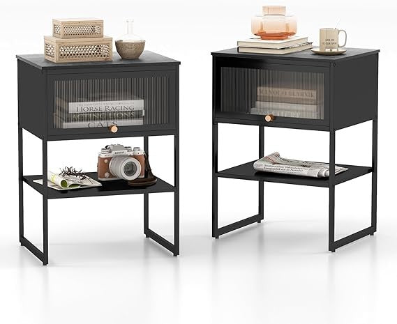 Modern Black Bedside Tables Set of 2 with Flip-Up Door & Storage Shelves