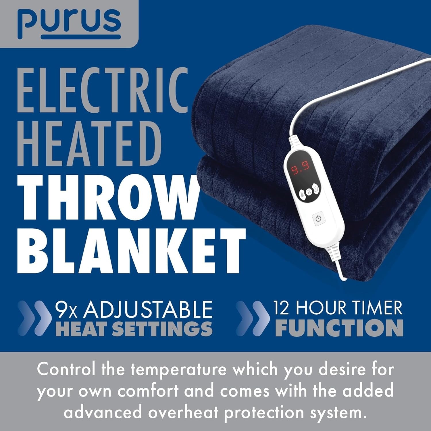 Electric Heated Throw Blanket XL 9 Heat Settings Timer Washable Navy