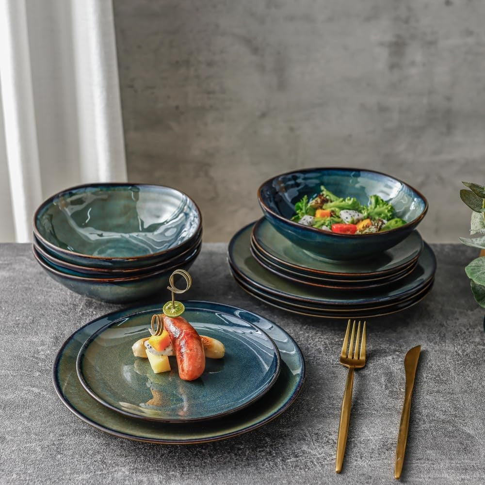 Mediterranean Ceramic Dinnerware Set 12 Piece Blue Green Gold Plates Bowls