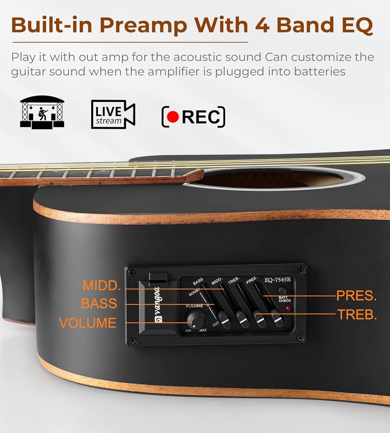 Electro Acoustic Guitar 41in Cutaway 4 Band EQ Black