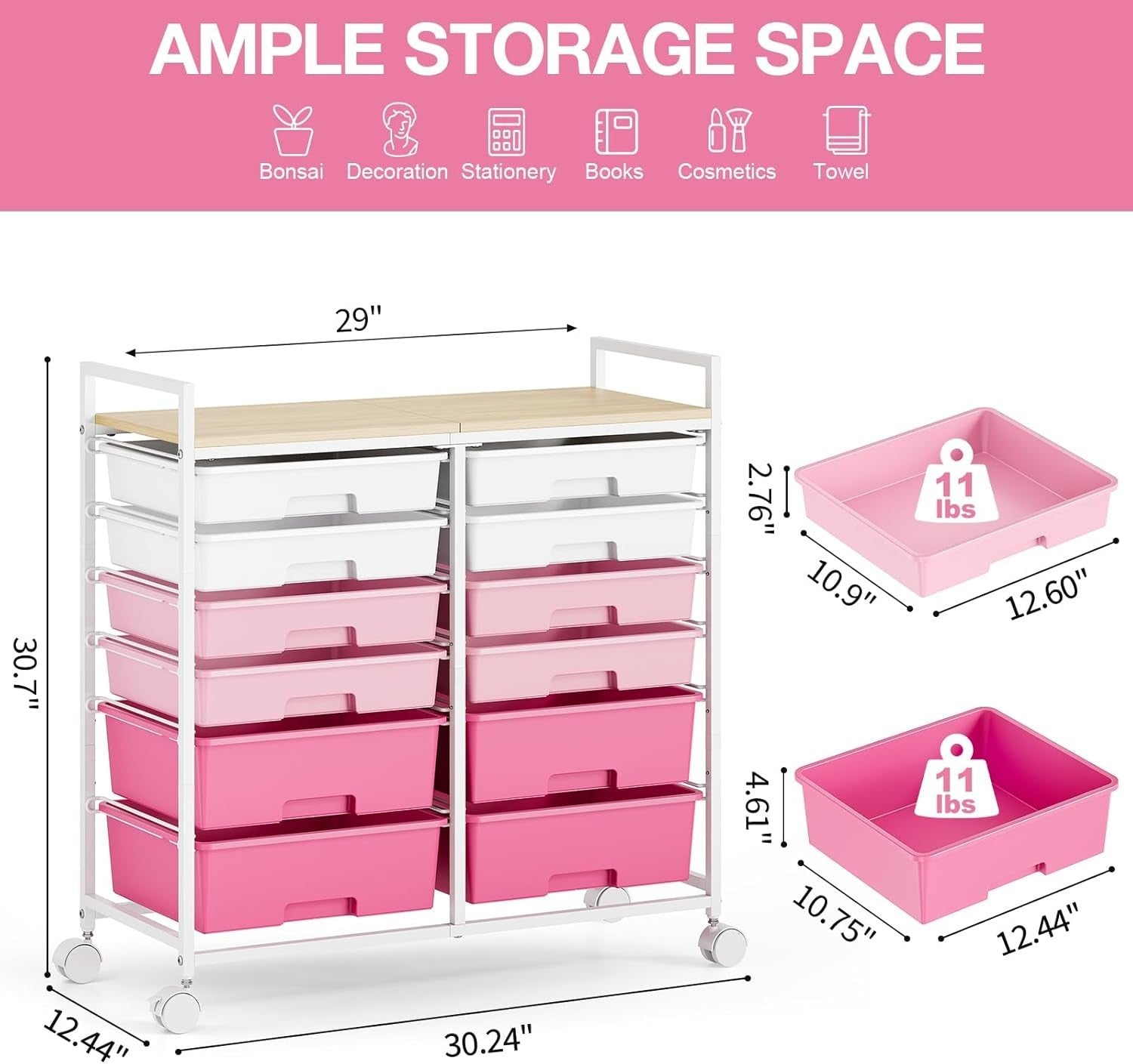 12 Drawer Rolling Storage Cart Makeup Craft Organizer Trolley Pink