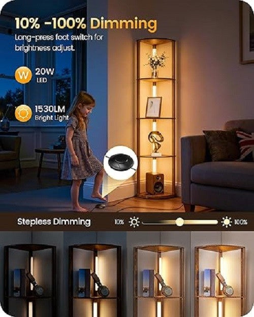 Corner Floor Lamp with Shelves Dimmable LED 4 Tier Wooden Standing Light