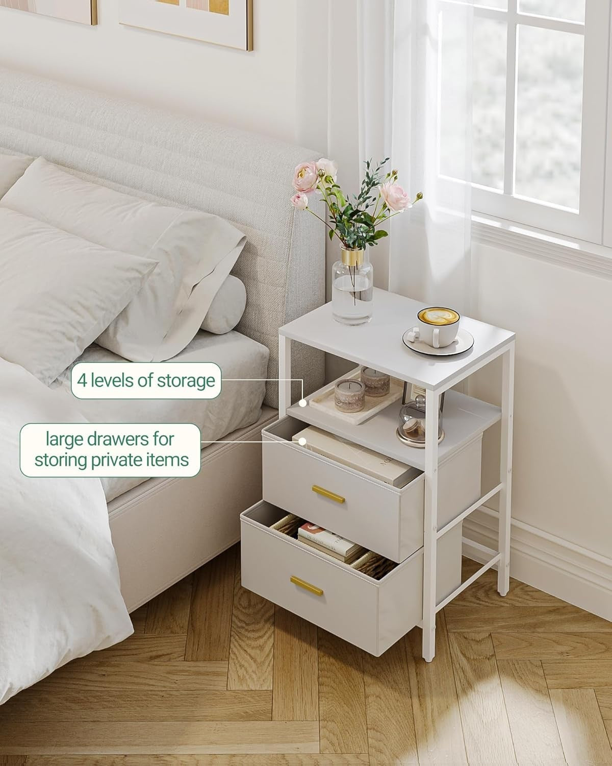 Set of 2 White Bedside Tables with Drawers & Shelf – Modern Storage Nightstands