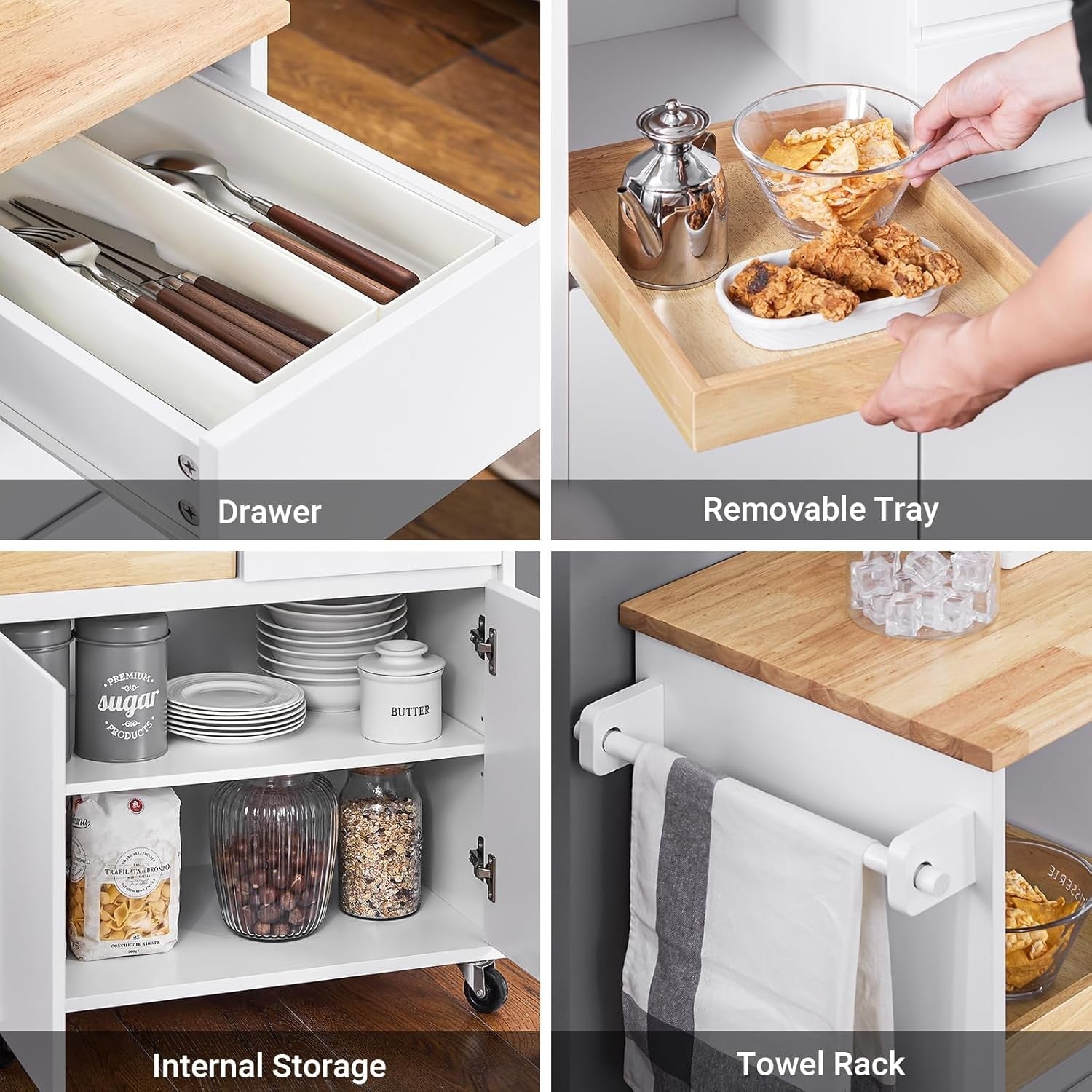 Kitchen Island on Wheels White Storage Trolley with Drawers Adjustable Shelves