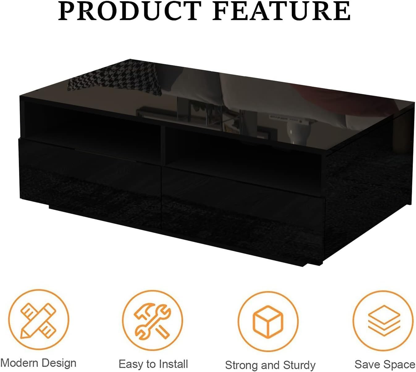 Modern Black Gloss Coffee Table with 4 Drawers & LED Light 85x55x35cm