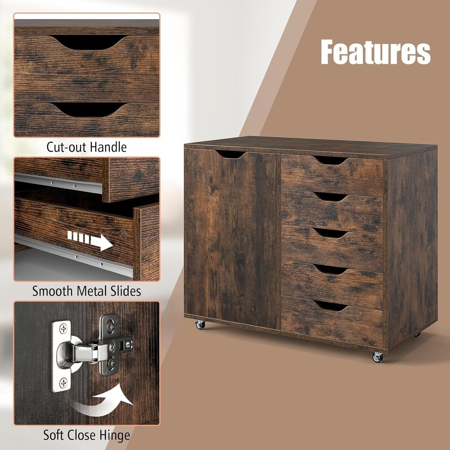 Rustic Brown Mobile File Cabinet 78x40x65cm 5 Drawer Printer Stand