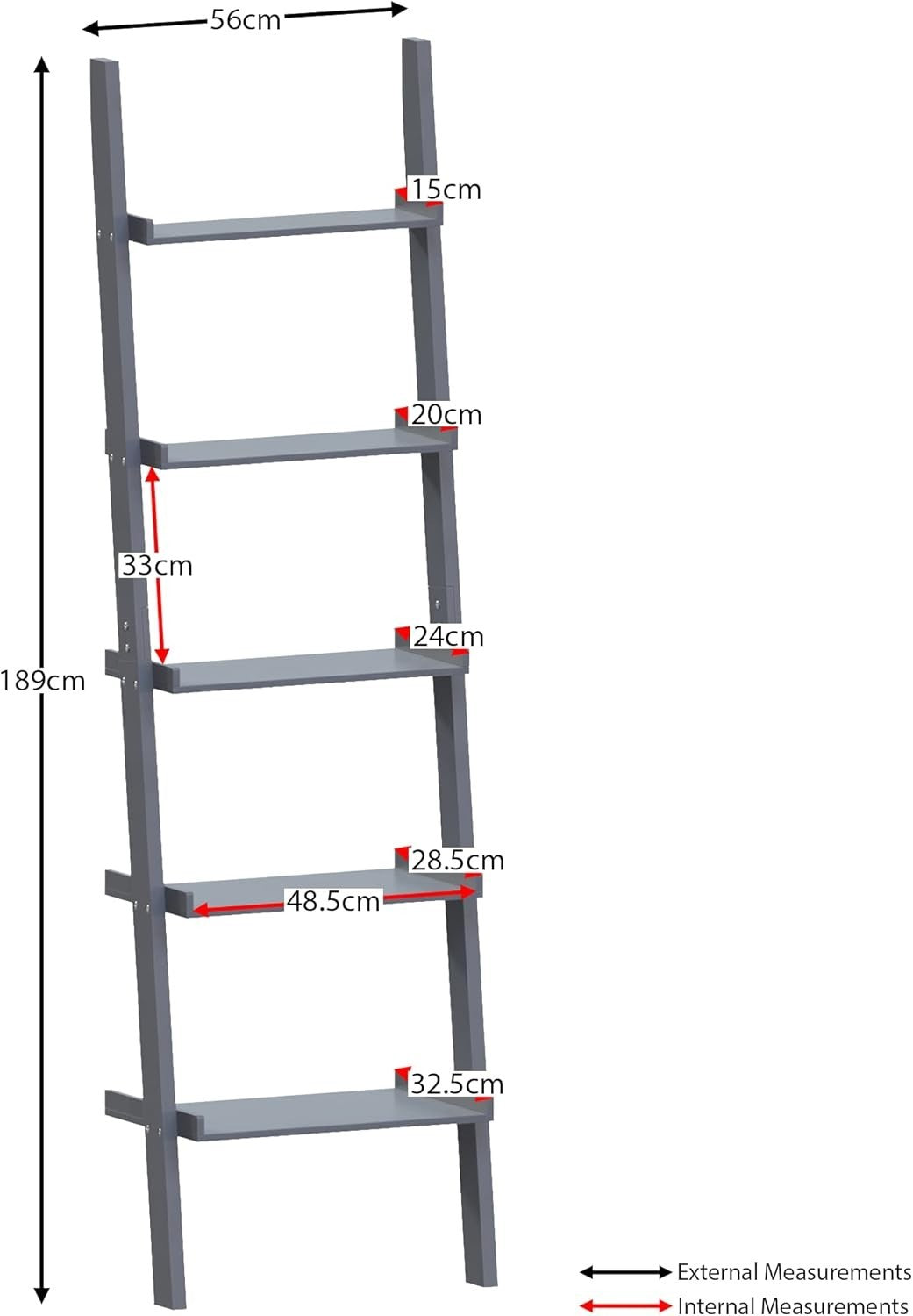 5 Tier Ladder Bookcase Leaning Shelf Space Saving Open Storage Black