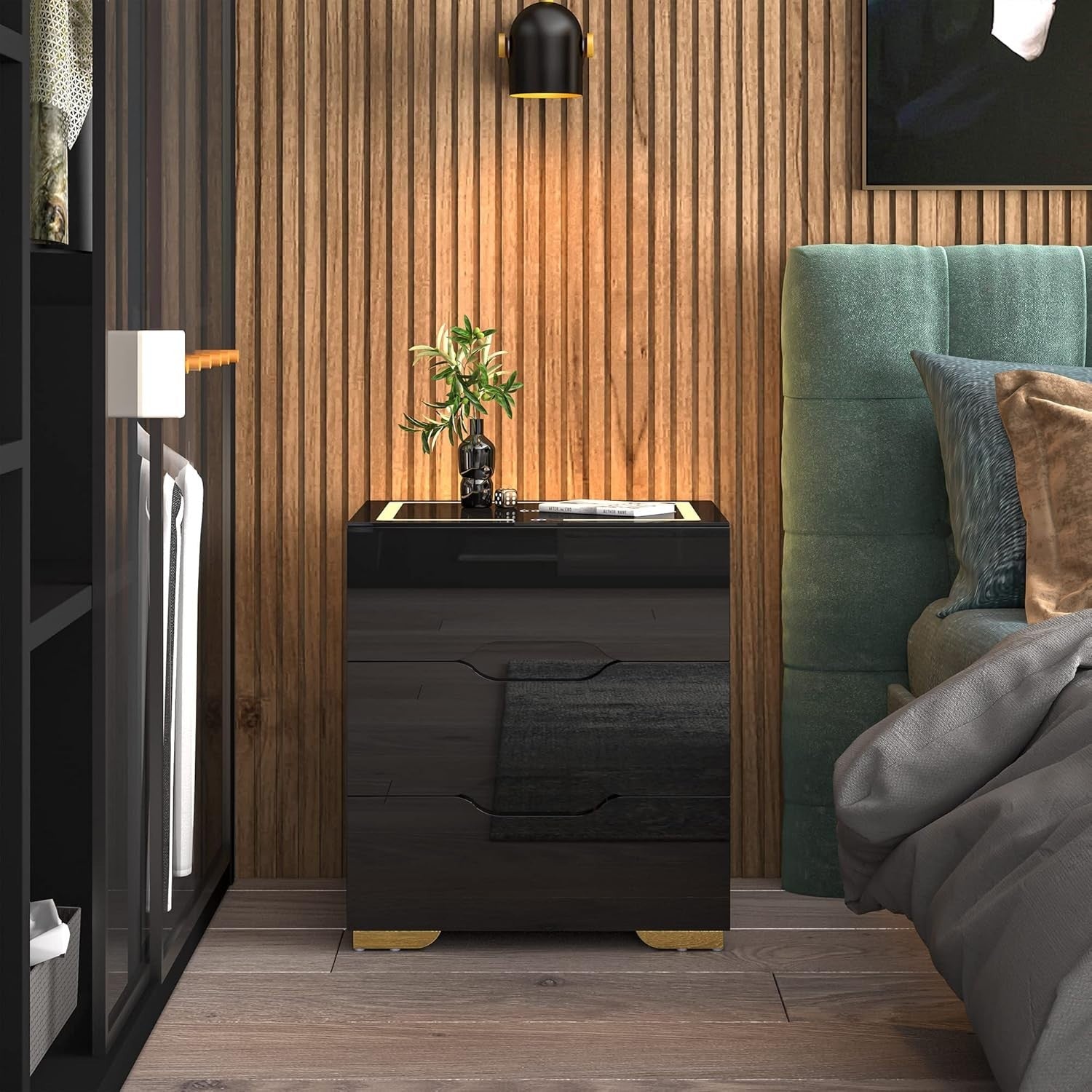Black High Gloss Bedside Table with Wireless & USB Charging, LED Light, 3 Drawer