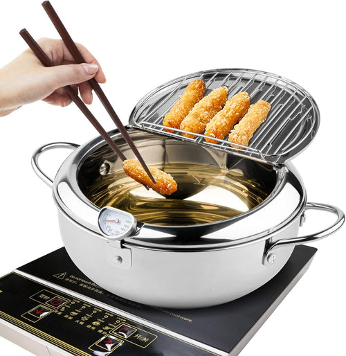 24cm Stainless Steel Deep Fryer Pot w Thermometer Oil Drain Tempura Pan