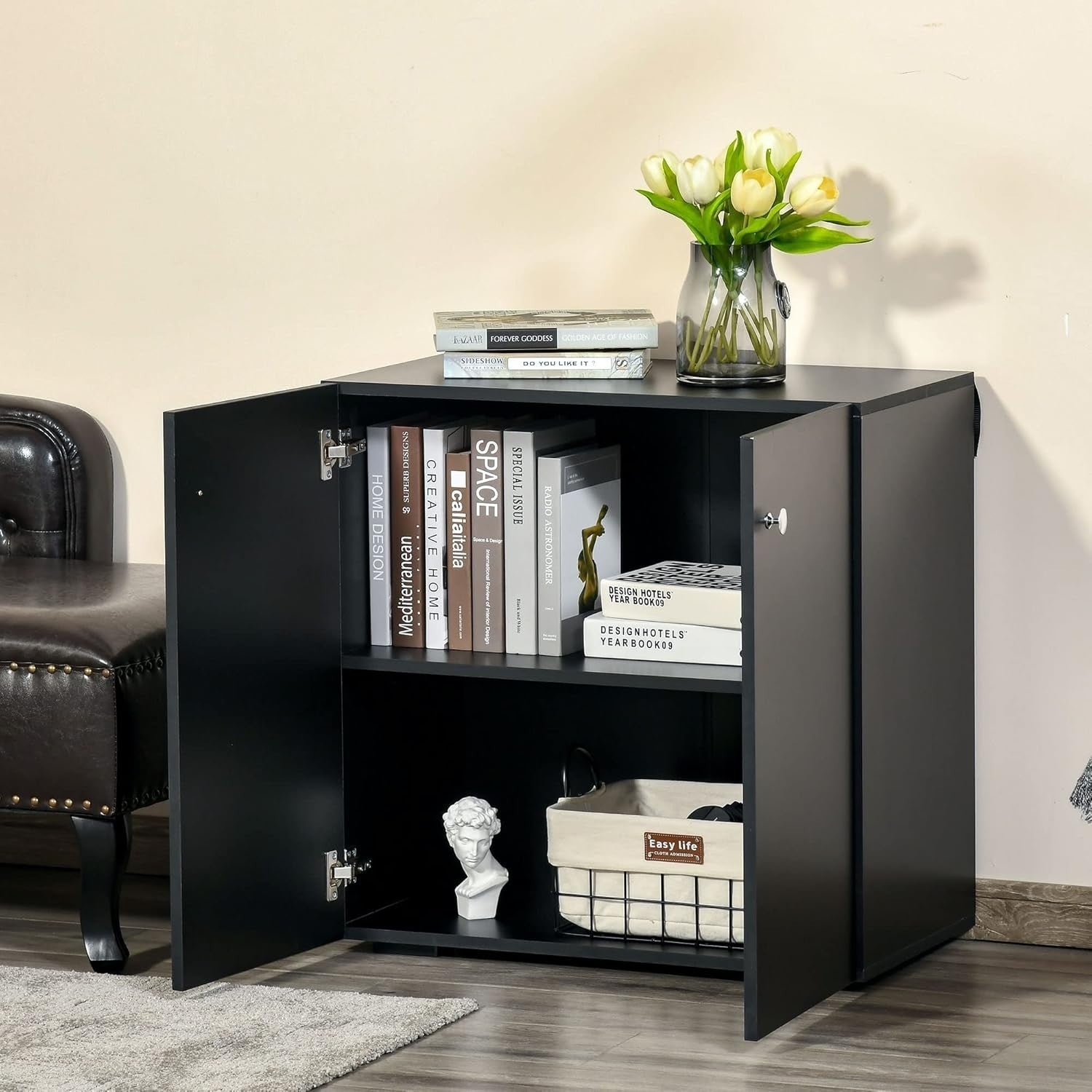 Stylish Black Storage Cabinet with 2 Shelves, 70x40x70cm, Durable & Modern