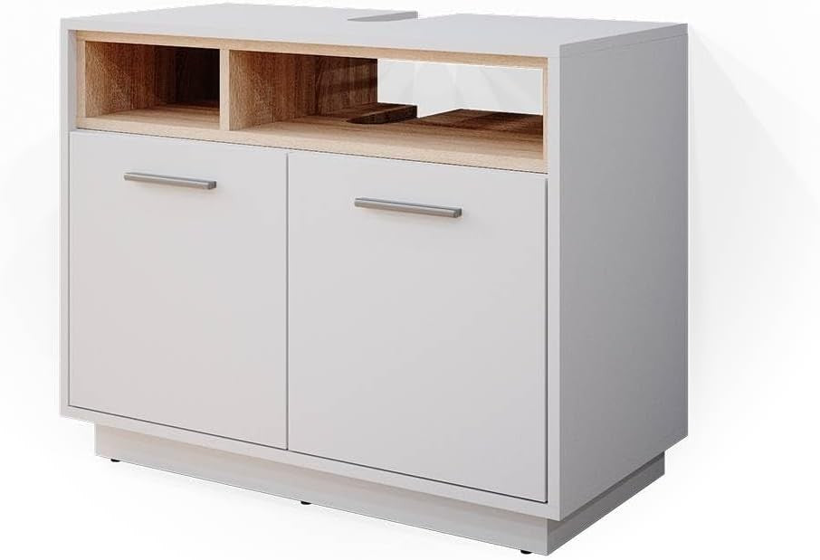 White Bathroom Sink Cabinet Vanity Storage Unit with Oak Shelves 80x64cm