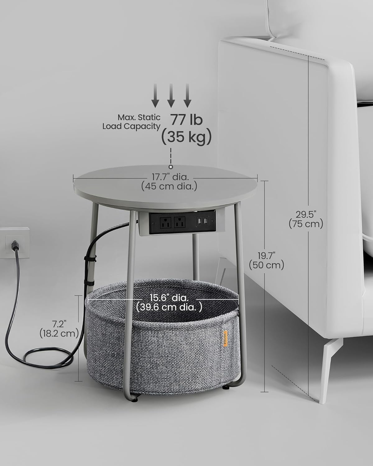 Grey Round Bedside Table with Charging Station & Fabric Basket Storage